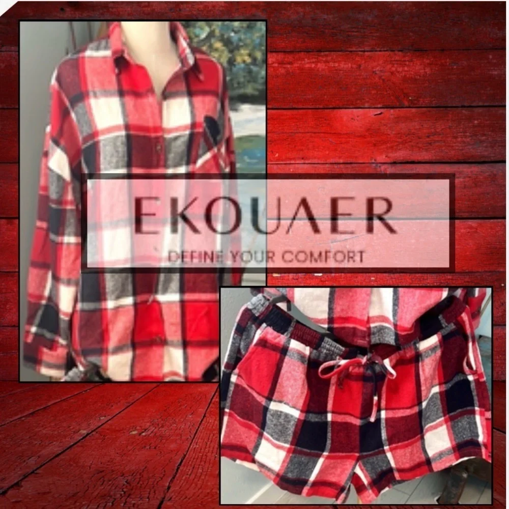 NWT Ekouaer,Buffalo Plaid Flannel Pajama Set,Drawstring Shorts,Button-Up Top,XXL